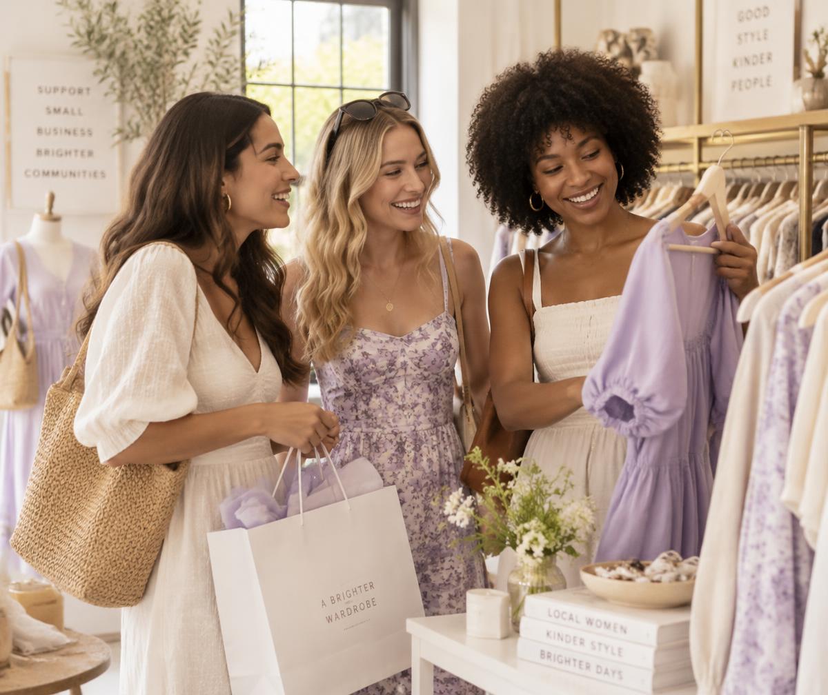 Three women laughing together while shopping at a local boutique